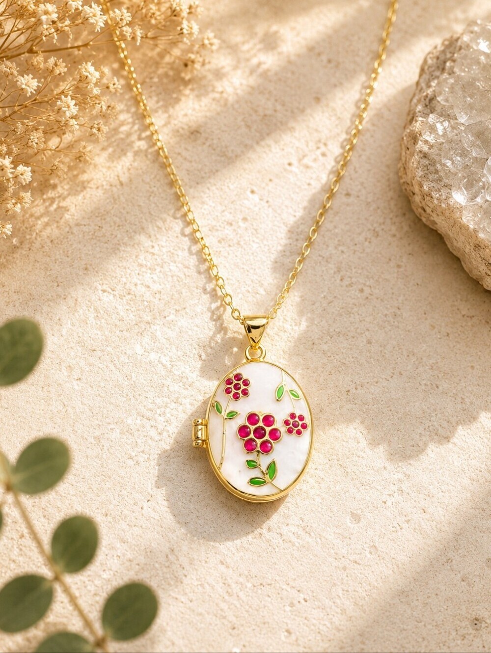 Floral Enamel Photo Locket Necklace Gold Tone Pink Flower Keepsake Pendant